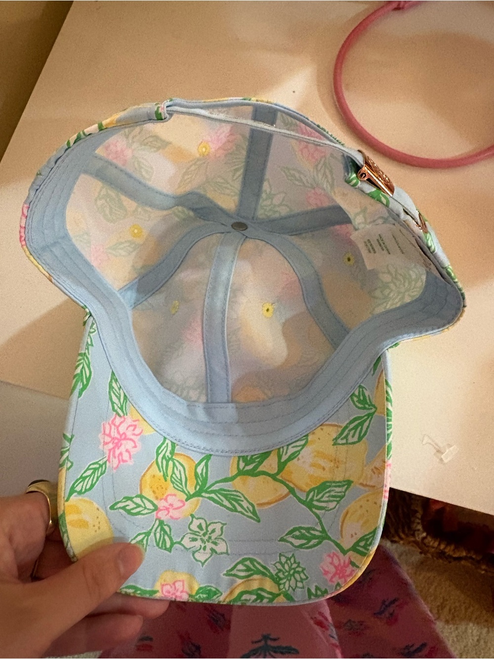 Lilly Pulitzer Blue Lemon Print Visor Hat with Green Leaves and Pink Accents - Picture 4 of 4
